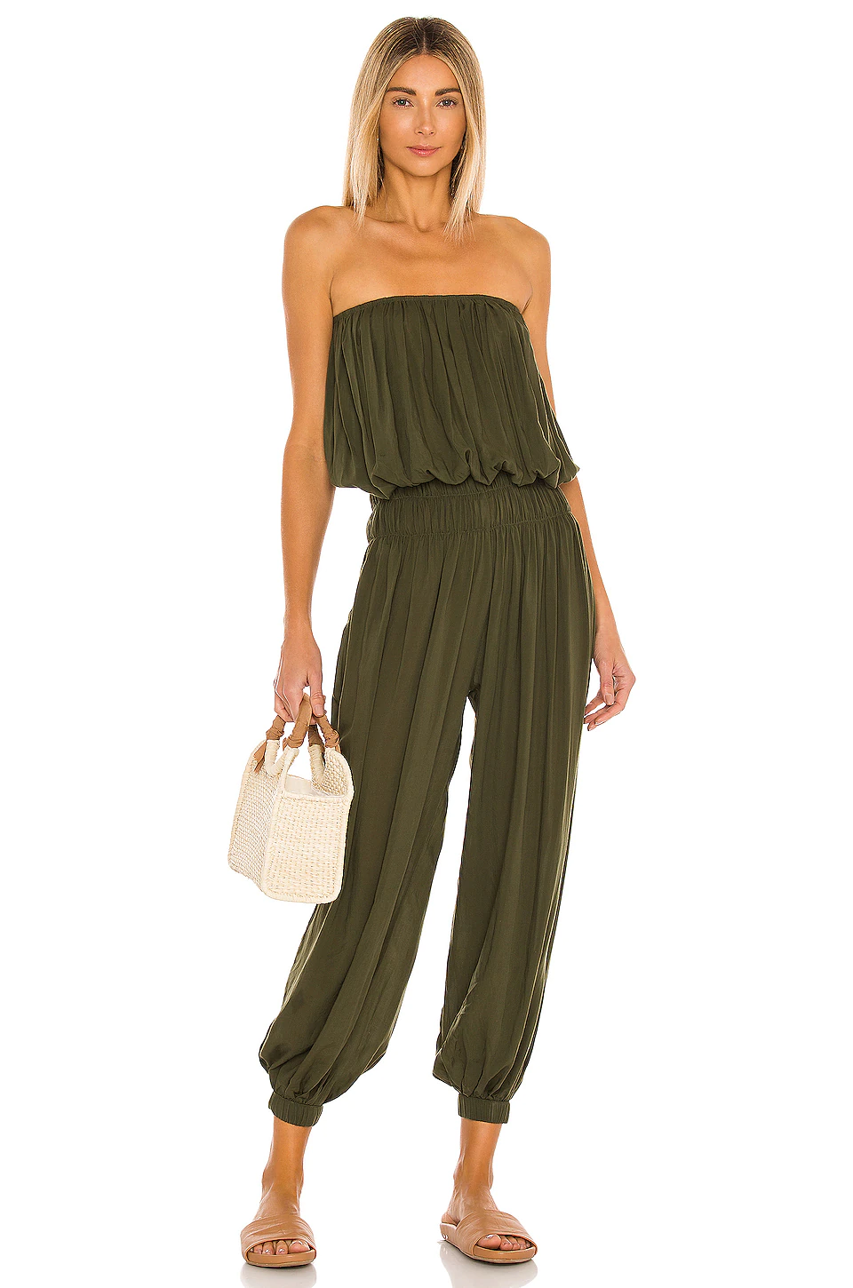 Cheap 🎉 Indah Seychelle Solid Strapless Pleated Jumpsuit In Cactus ✨